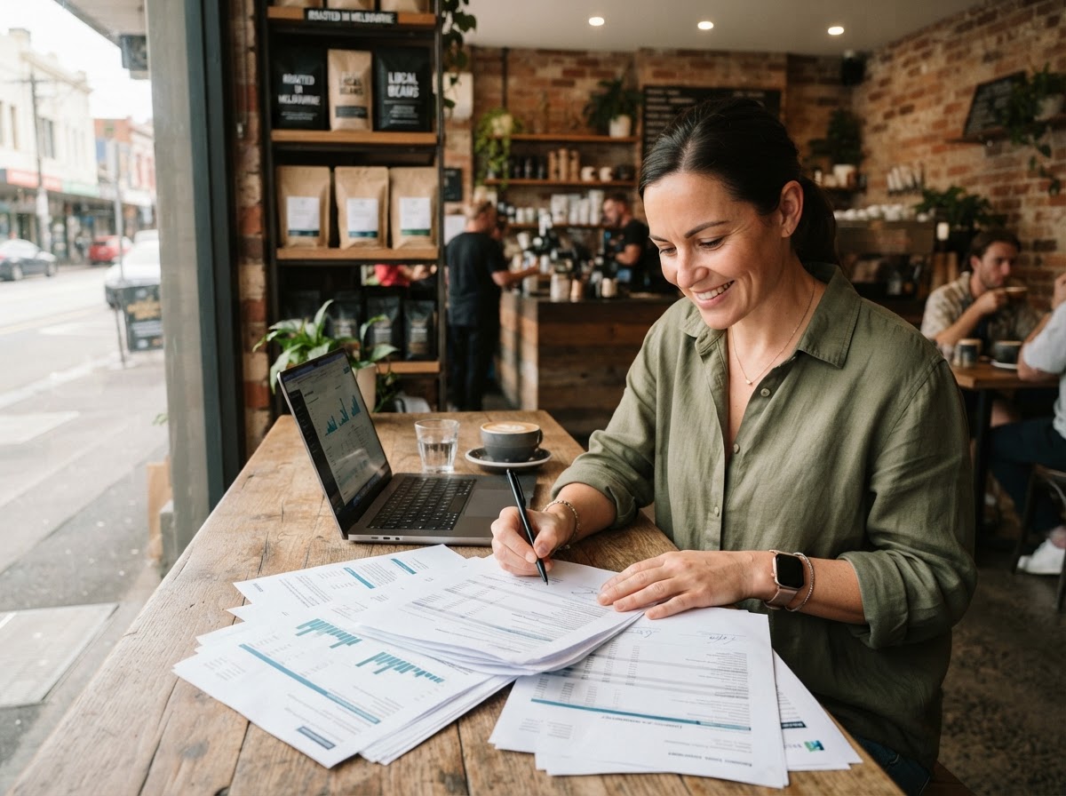 Small business owner reviewing business loan documents