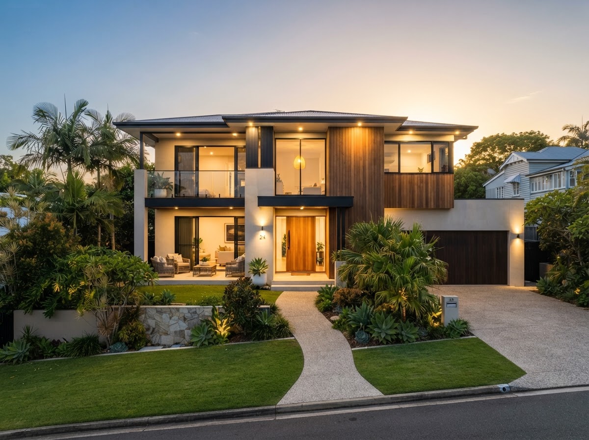 Modern Australian family home exterior at golden hour