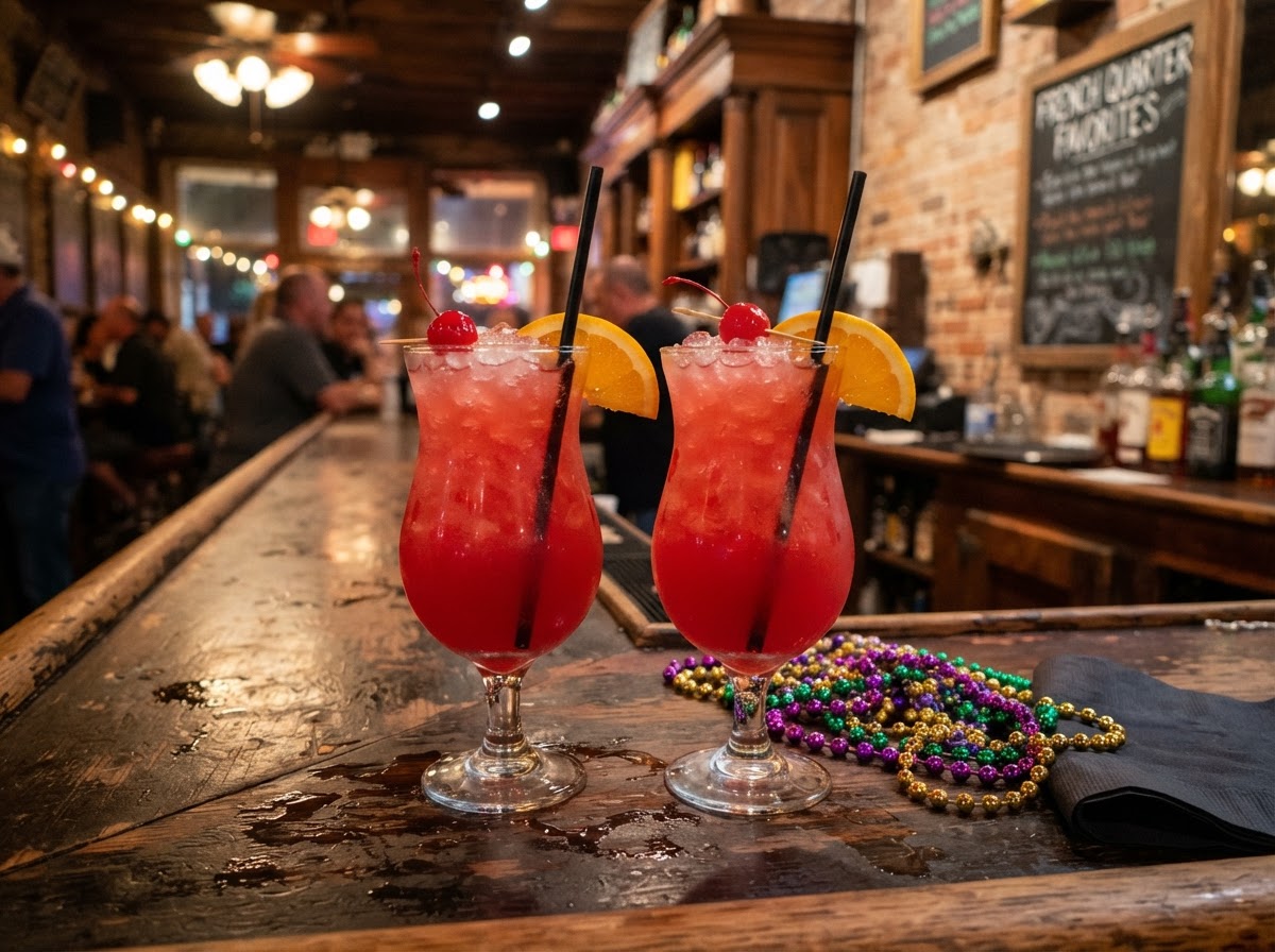 Two red Hurricane cocktails in plain curved glasses with orange slices and cherries on a bar with Mardi Gras beads