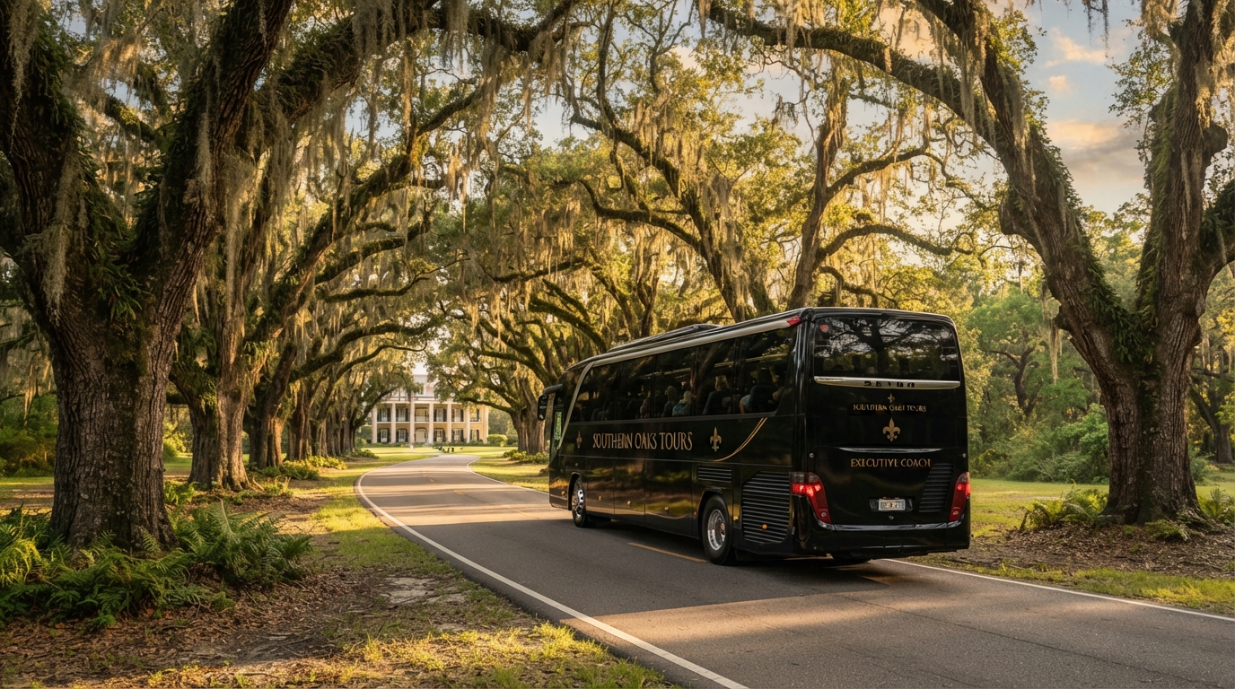 Luxury executive bus on a sunlit oak-lined road near New Orleans