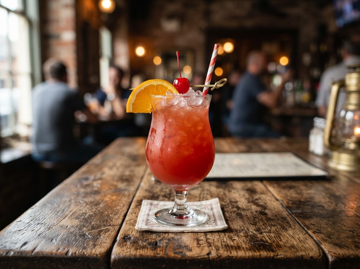 Classic New Orleans Hurricane cocktail in a plain curved glass with ice, orange slice and cherry garnish