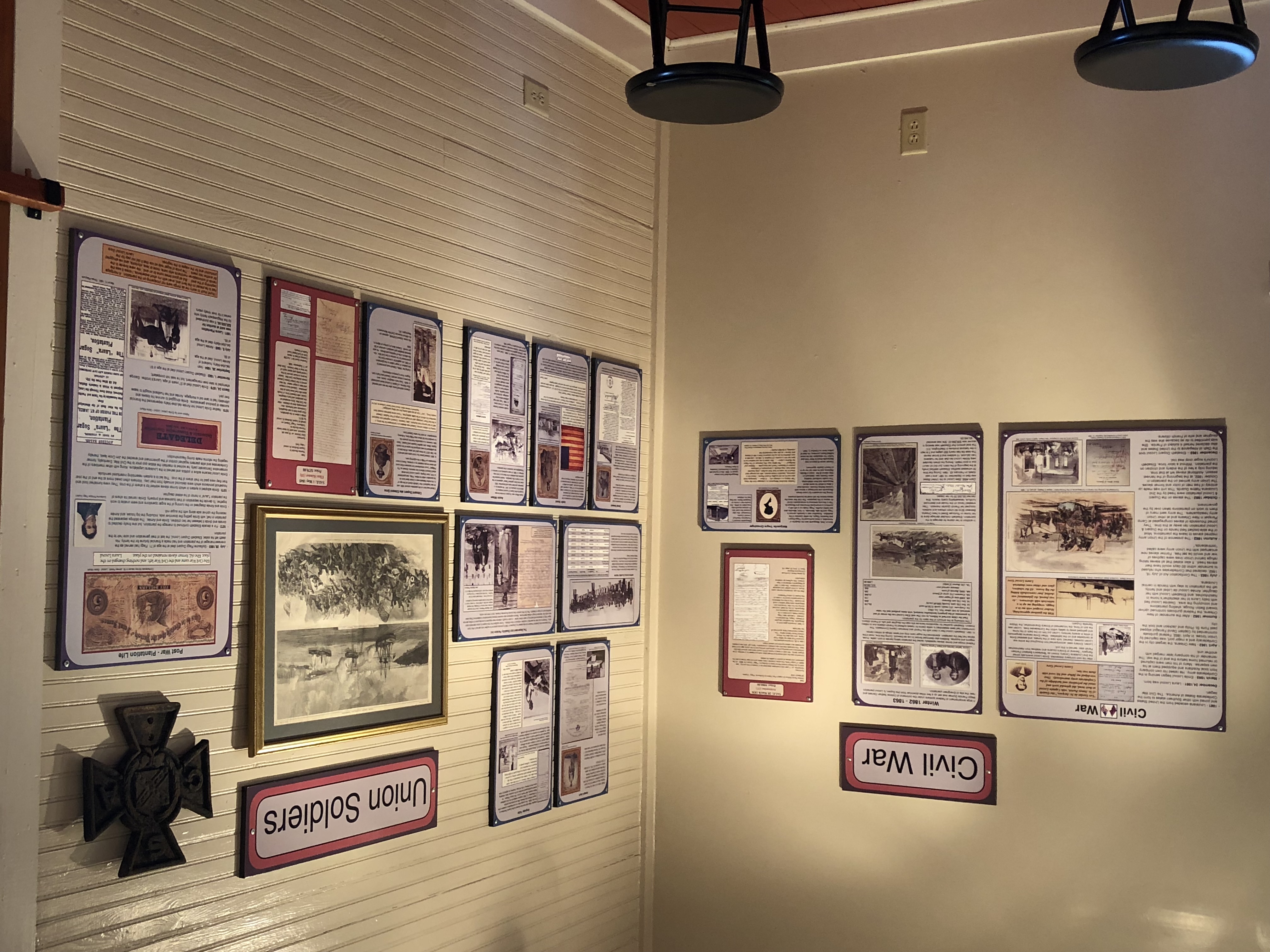 Civil War and Union Soldiers educational history exhibits on plantation wall