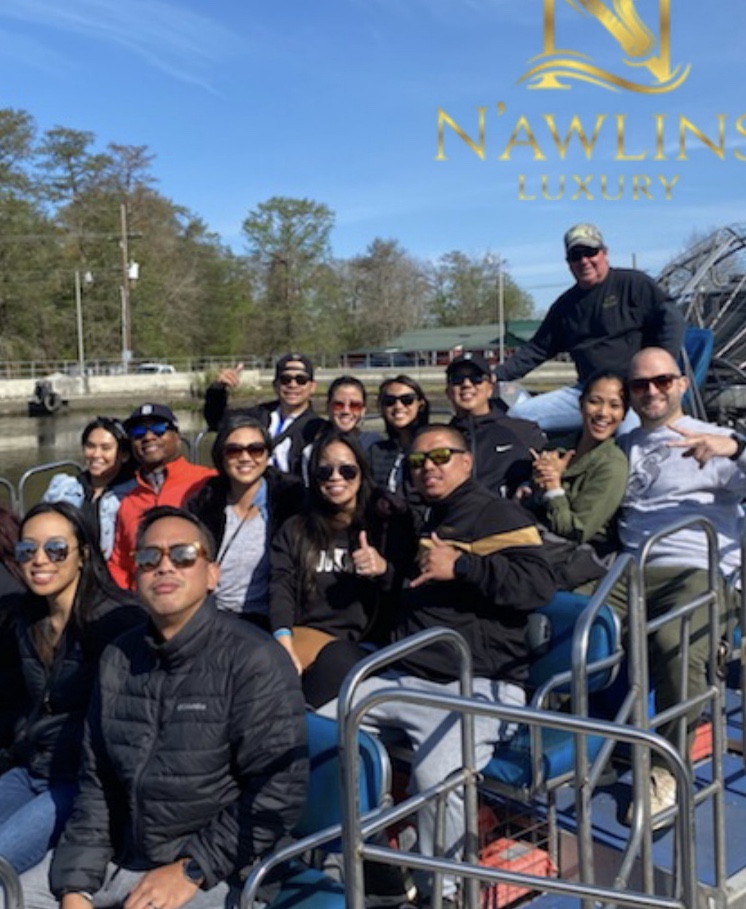 Guest group all smiles aboard the airboat swamp tour