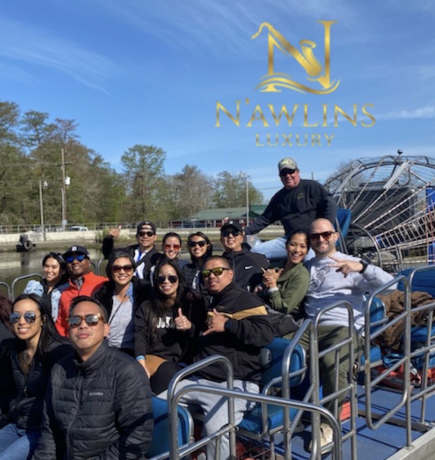 Guests enjoying a swamp airboat tour on the bayou