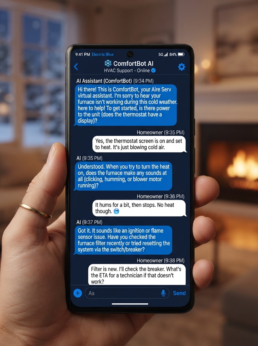 HVAC answering service — an AI virtual receptionist handling a no-heat furnace call via text on a smartphone