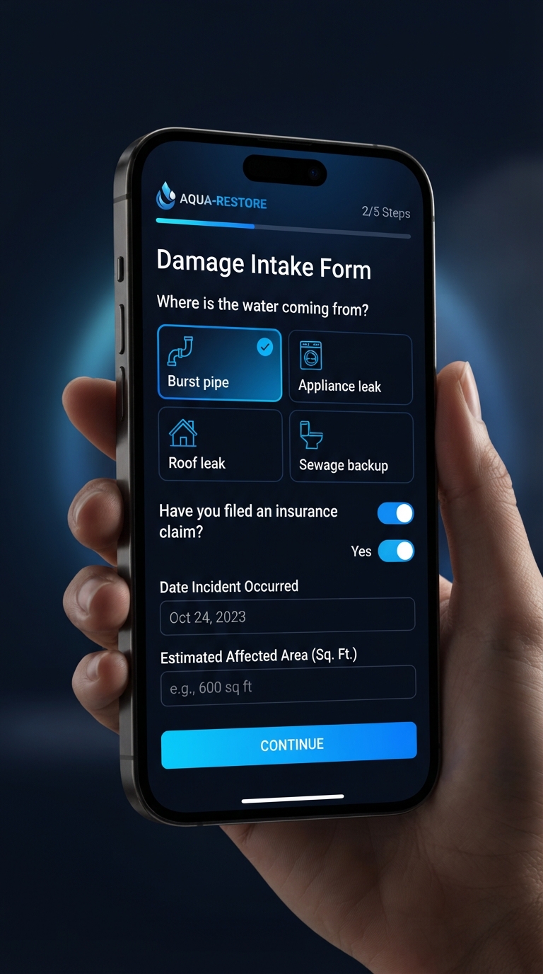 Water damage lead generation tool — a restoration-specific Smart Quote Tool asking about water source and insurance claim status on a smartphone
