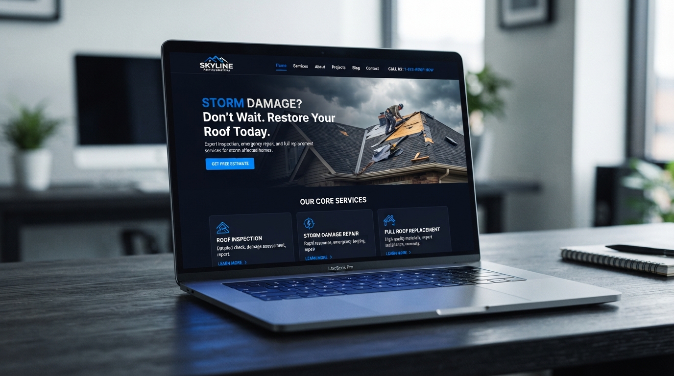 Roofing website design example — a professional roofing company website displayed on a laptop screen