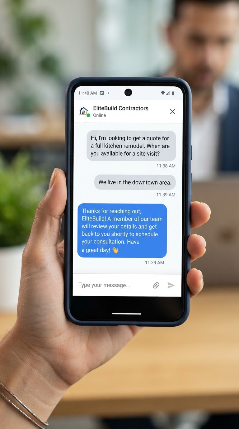 Lead capture chat conversation on a smartphone showing a visitor's question and an honest automated confirmation reply