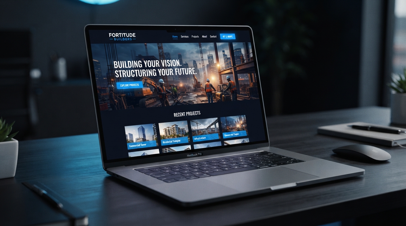 Construction website design example — a professional general contractor website displayed on a laptop screen