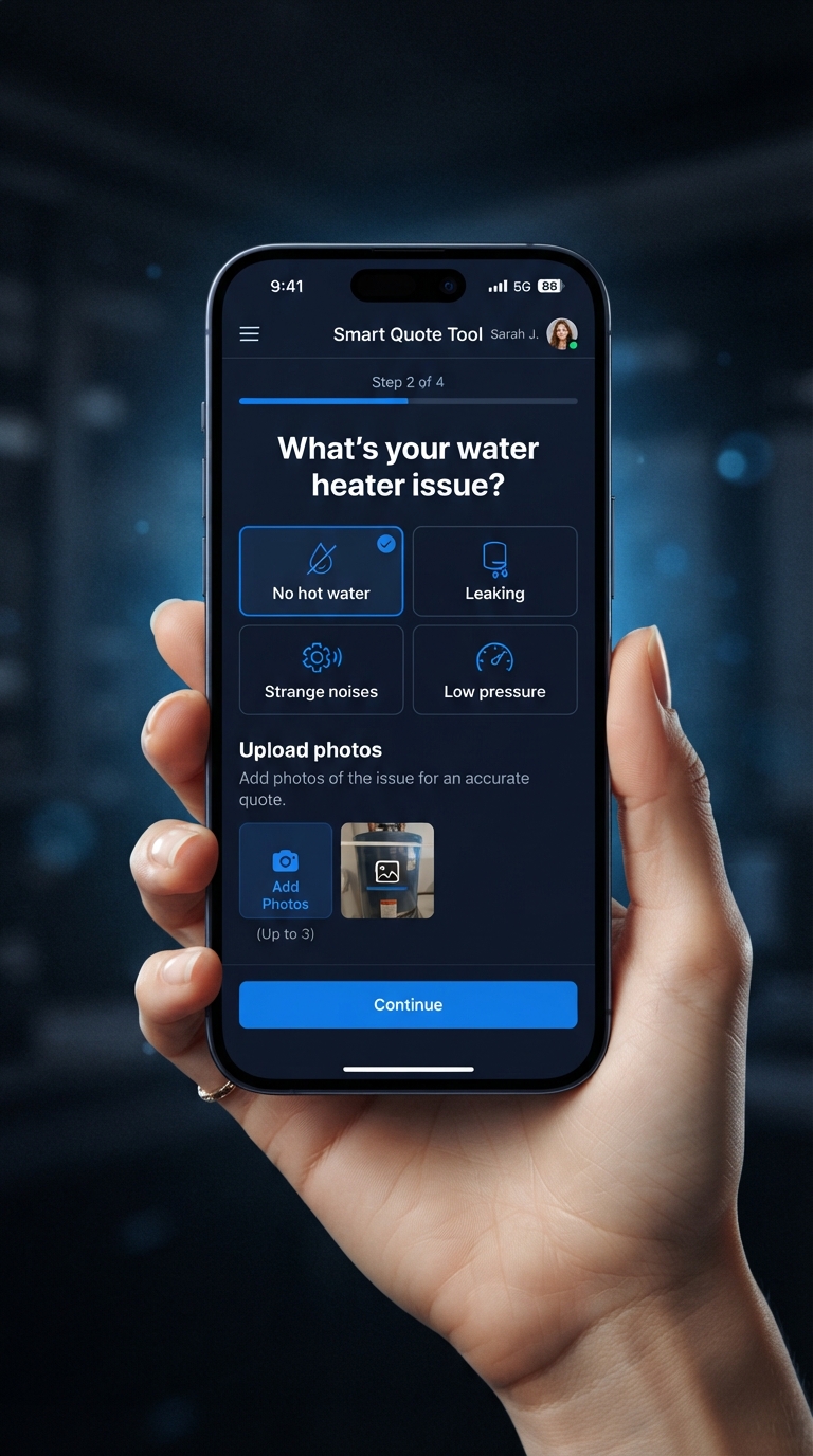 Plumber web design showing a plumbing-specific Smart Quote Tool with water heater diagnostic questions on a smartphone