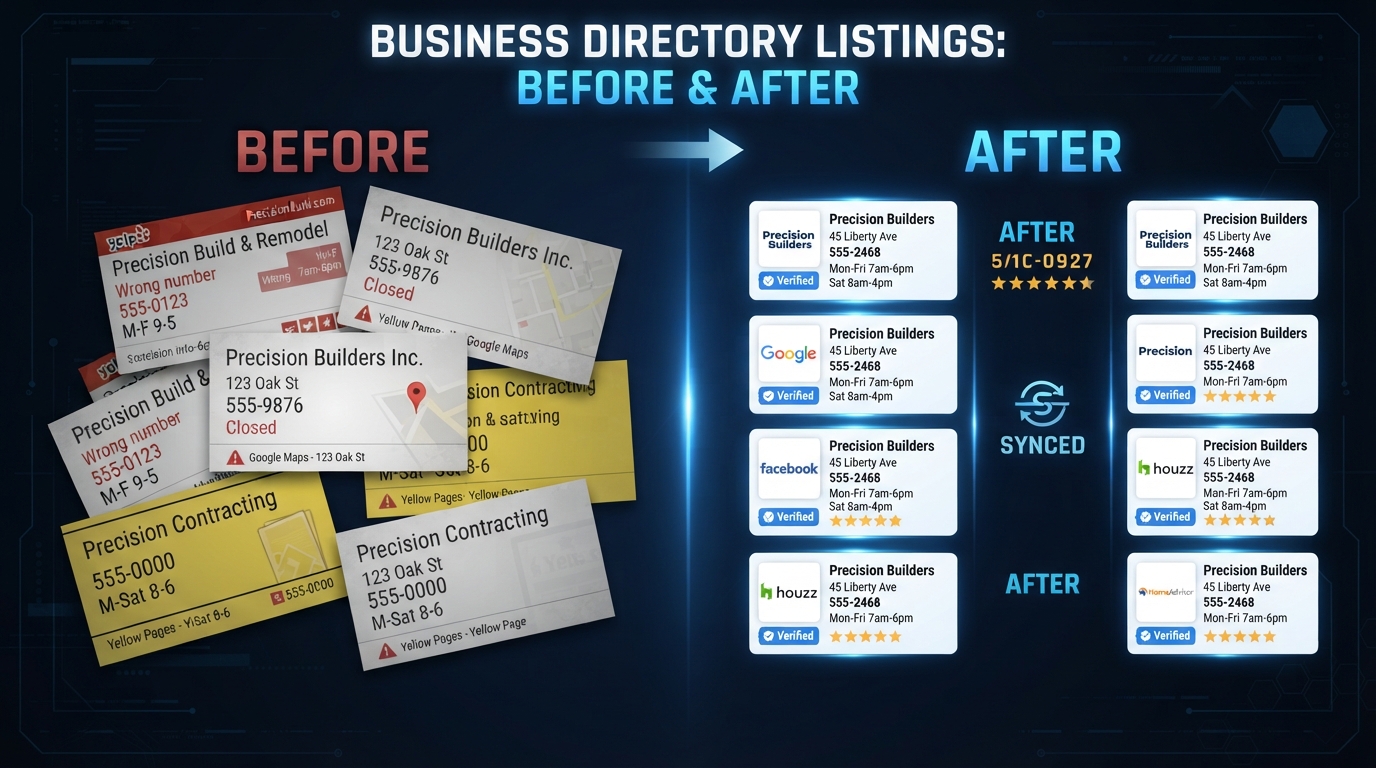 Before and after comparison showing inconsistent contractor directory listings corrected into one accurate, consistent listing everywhere