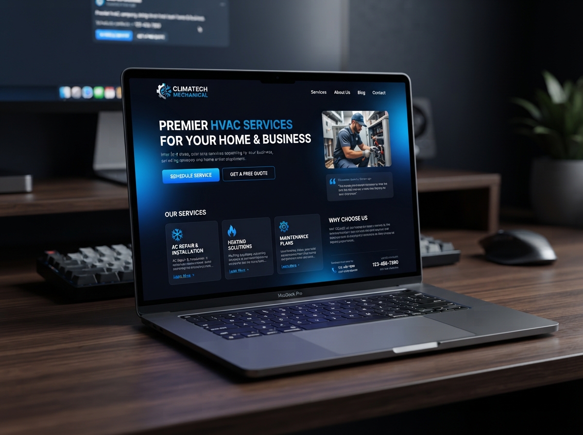 HVAC website design example — the AirFlow HVAC company website displayed on a laptop screen