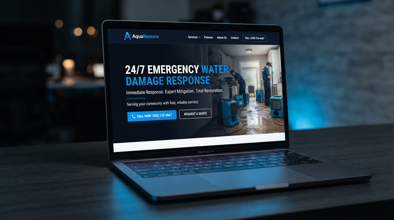 Water damage leads example — the AquaRestore water restoration company website displayed on a laptop screen