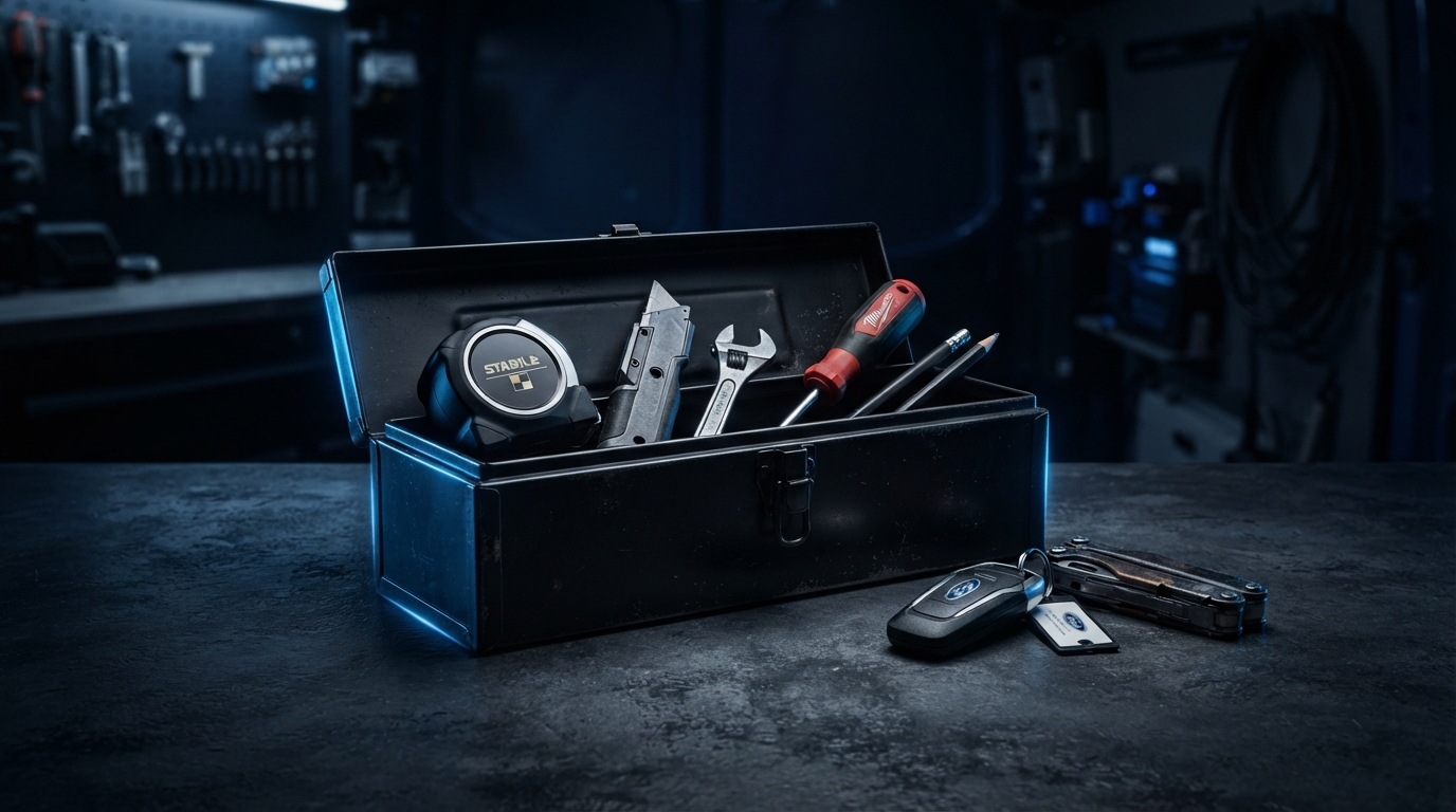 Contractor toolbox and service van key on a dark surface with electric-blue accent lighting