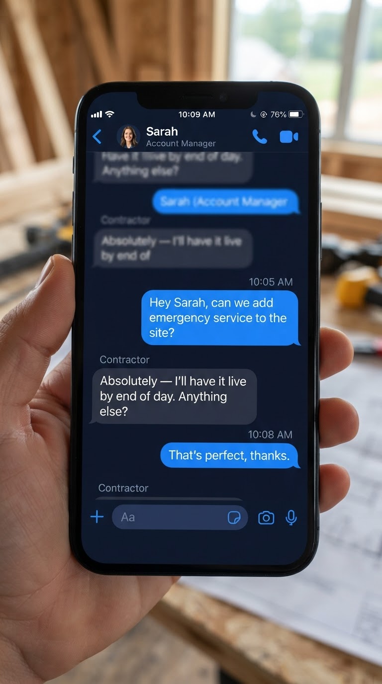 A warm, casual text message thread between a contractor and their dedicated account manager