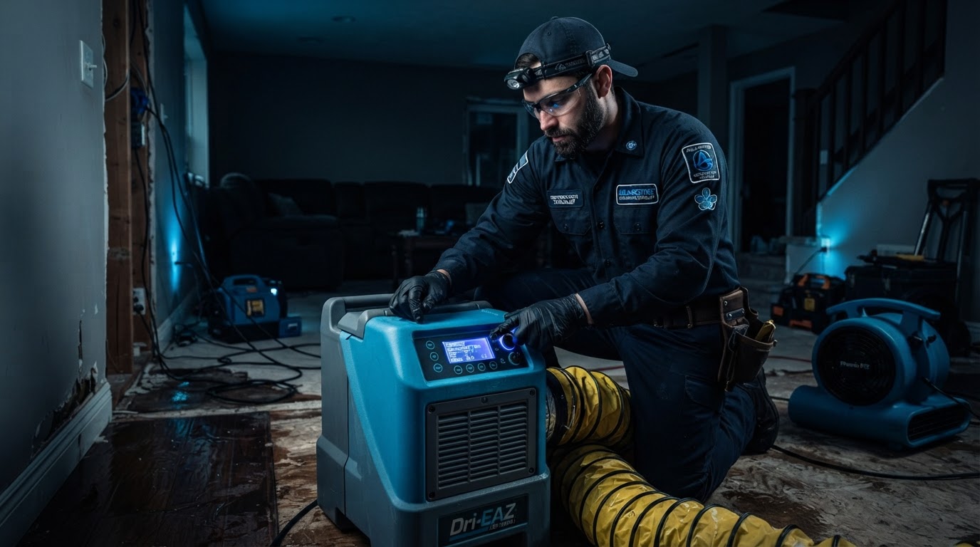 Water restoration technician operating drying equipment in a dim residential interior, dark blue cinematic lighting