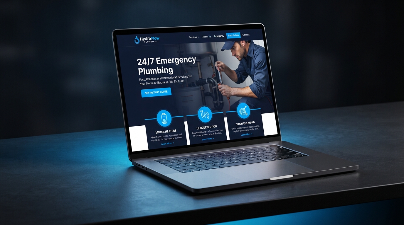 Plumbing website design example — the HydroFlow plumbing company website displayed on a laptop screen