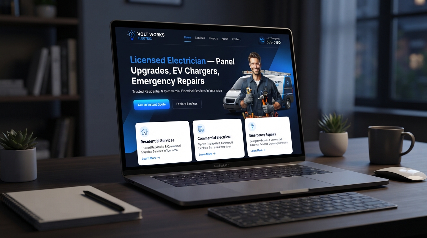 Electrician website design example — a professional electrician company website displayed on a laptop screen