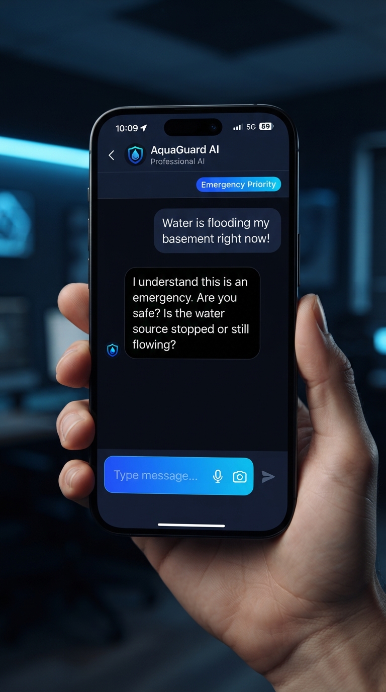 Water restoration answering service — an AI virtual receptionist handling an active flooding emergency call via text on a smartphone