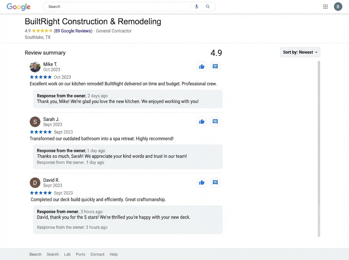 A Google Business Profile with fresh reviews coming in and real responses from the business owner