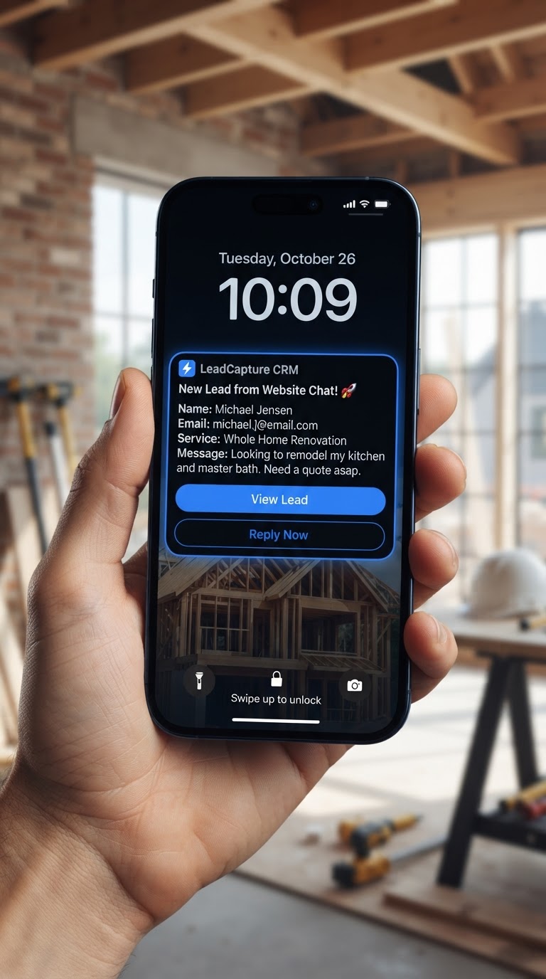 Instant push notification on a contractor's phone showing a new lead captured through the website chat widget