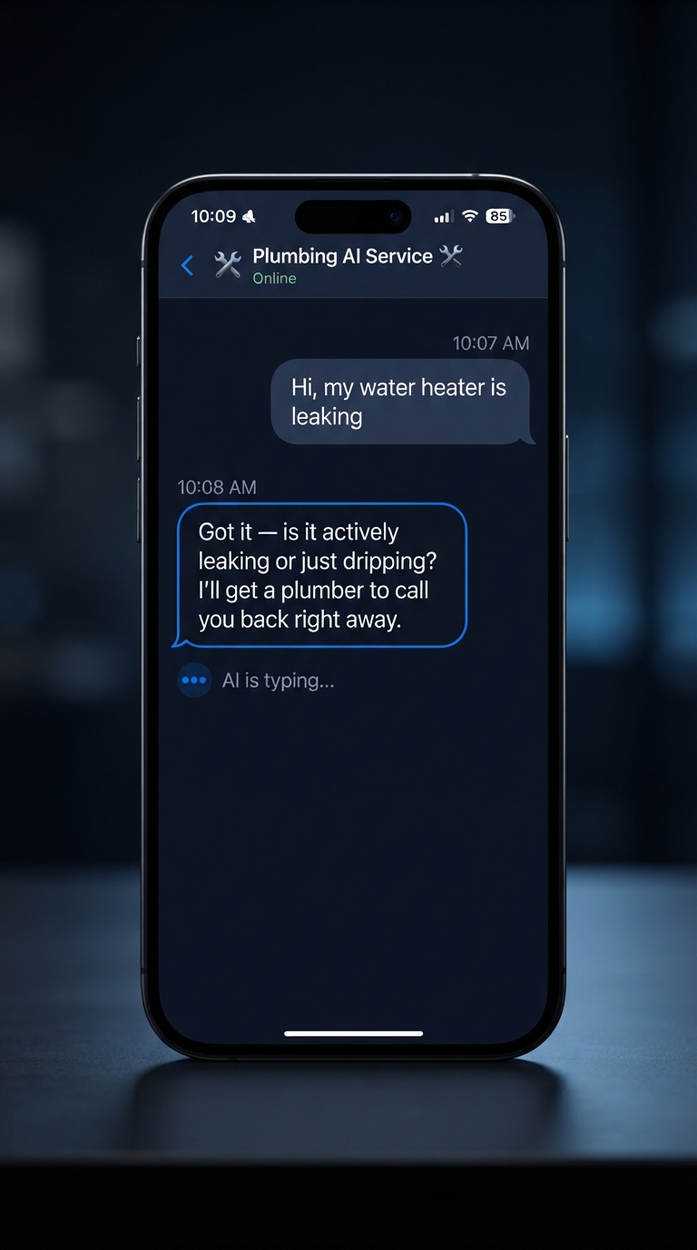 Plumbing answering service — an AI virtual receptionist handling a water heater leak call via text on a smartphone