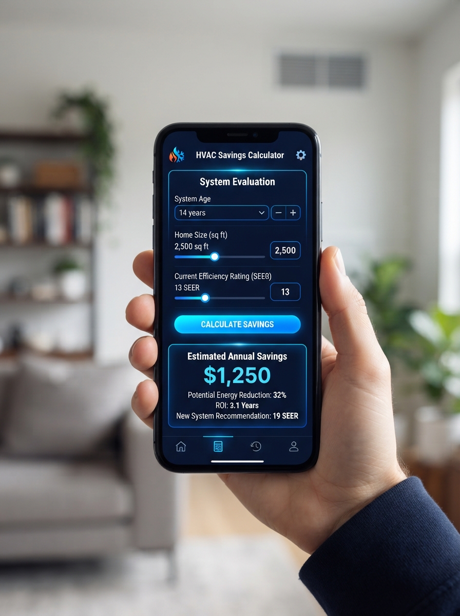 HVAC system age and efficiency calculator on a smartphone — an interactive tool showing estimated savings from upgrading an old system