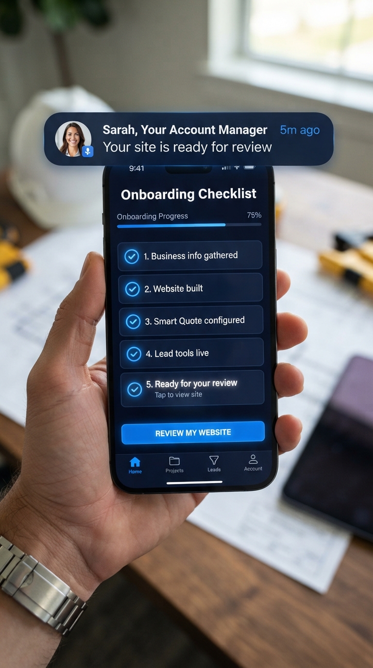 An onboarding checklist and 'your site is ready for review' notification from the account manager