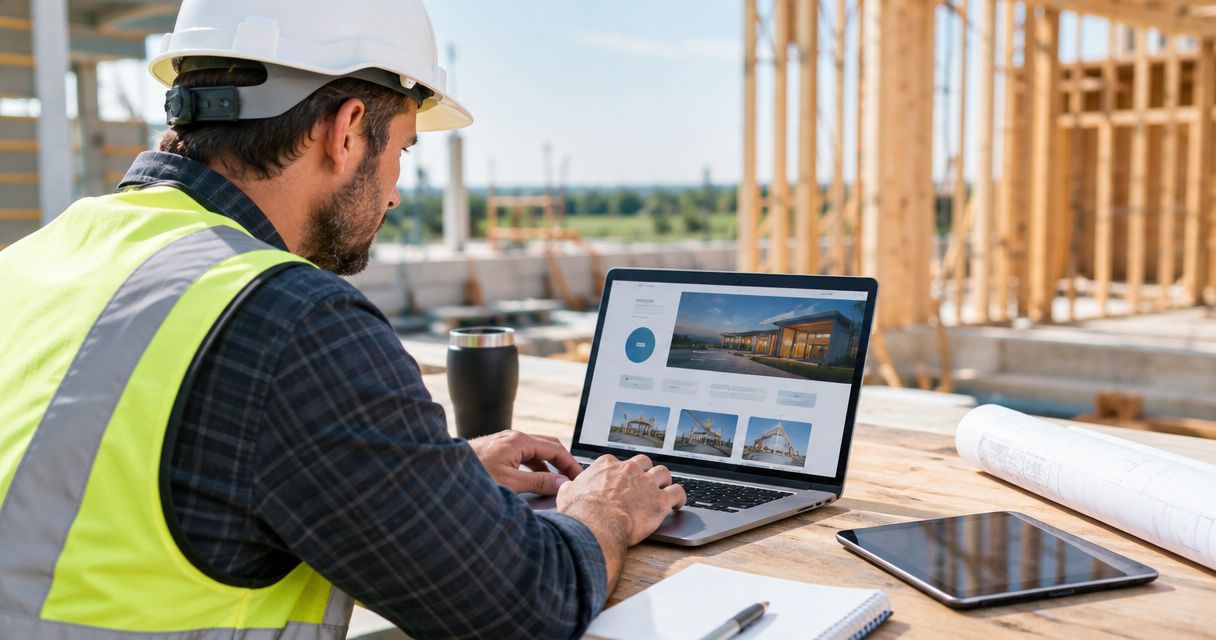 General contractor wearing hard hat and safety vest reviewing a modern contractor website on a laptop at an active construction jobsite
