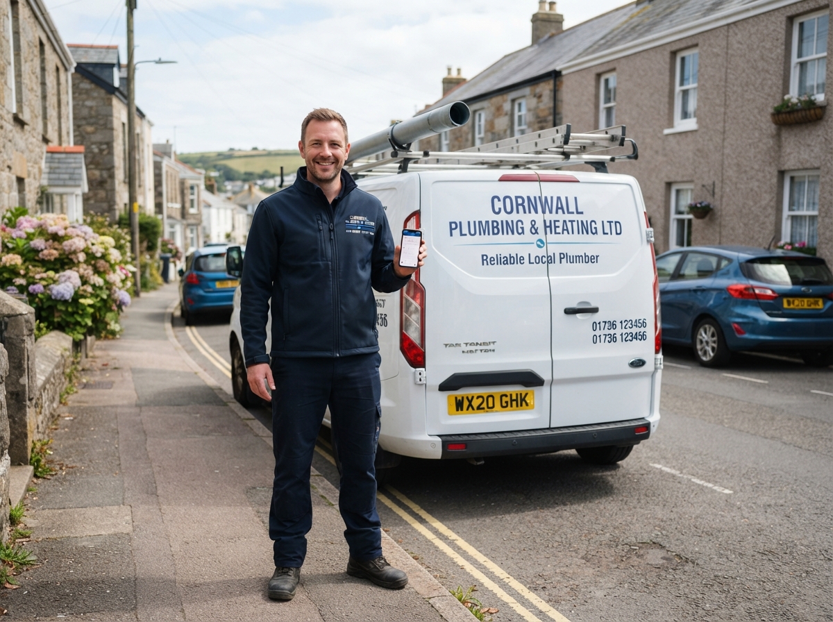 A professional UK tradesperson beside a branded van