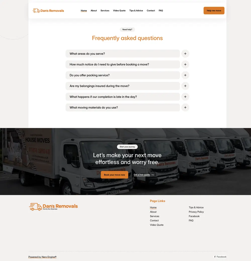 Dan's Removals FAQ Section rebuild after transformation