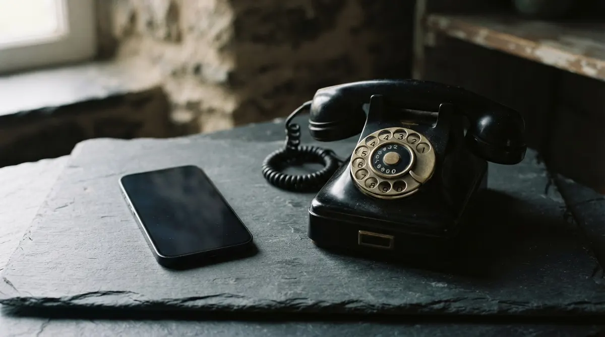 Modern smartphone next to a vintage telephone on a dark surface