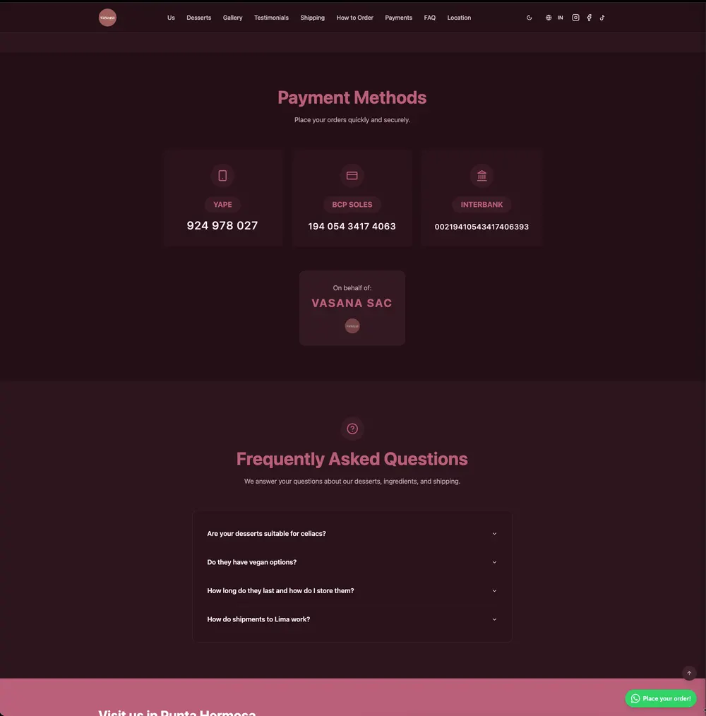 Vasana Bakery Payments & FAQ