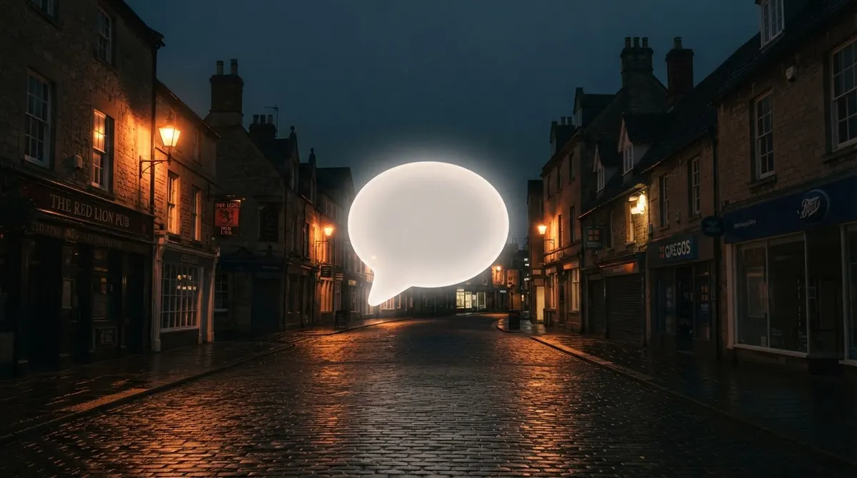 Glowing chat bubble floating above a UK town street at night