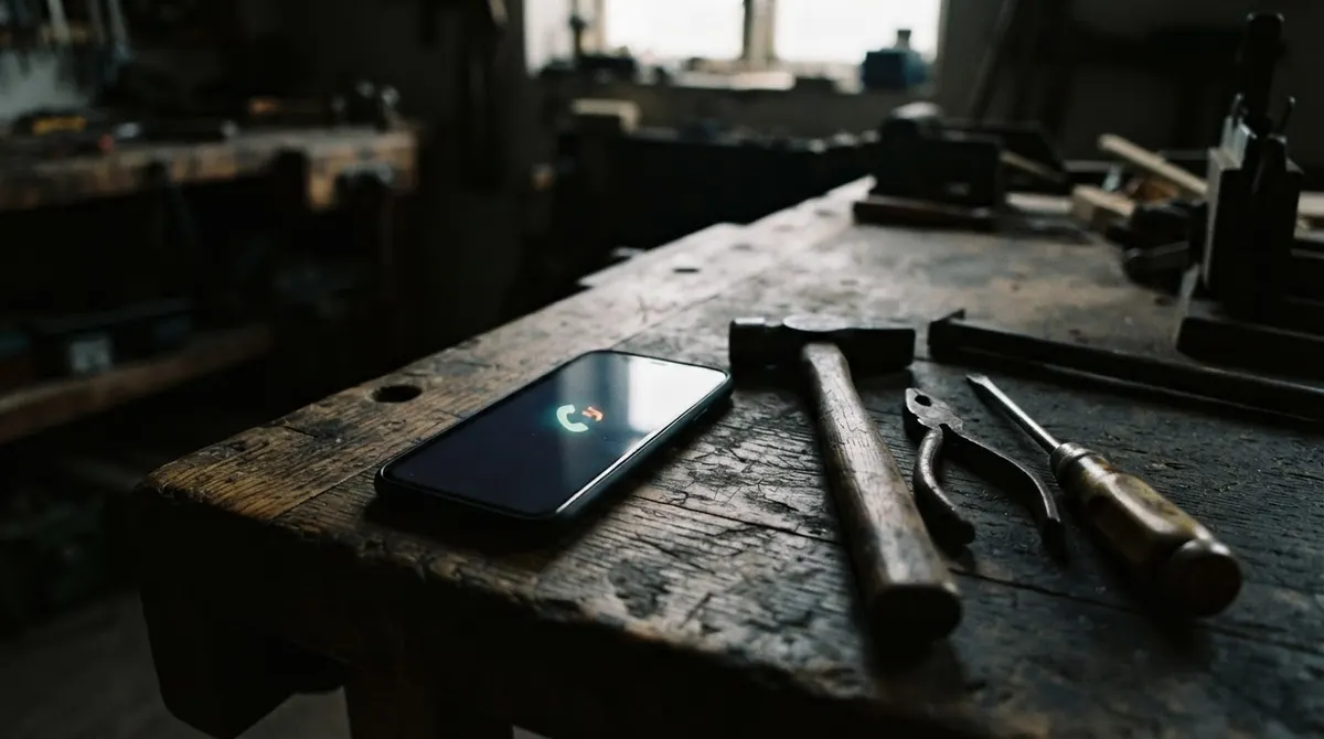 Smartphone with a missed call notification on a workbench next to trade tools