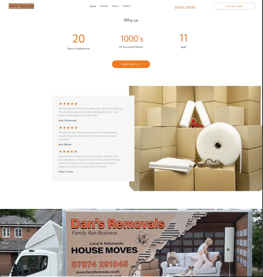 Dan's Removals About & Testimonials original site before rebuild