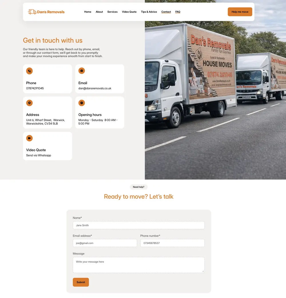 Dan's Removals Contact & Location rebuild after transformation