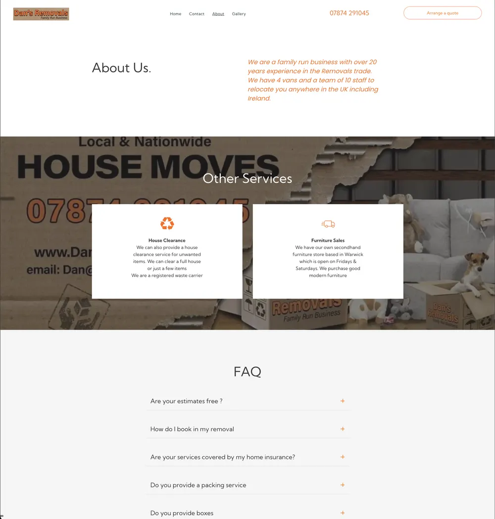 Dan's Removals FAQ Section original site before rebuild