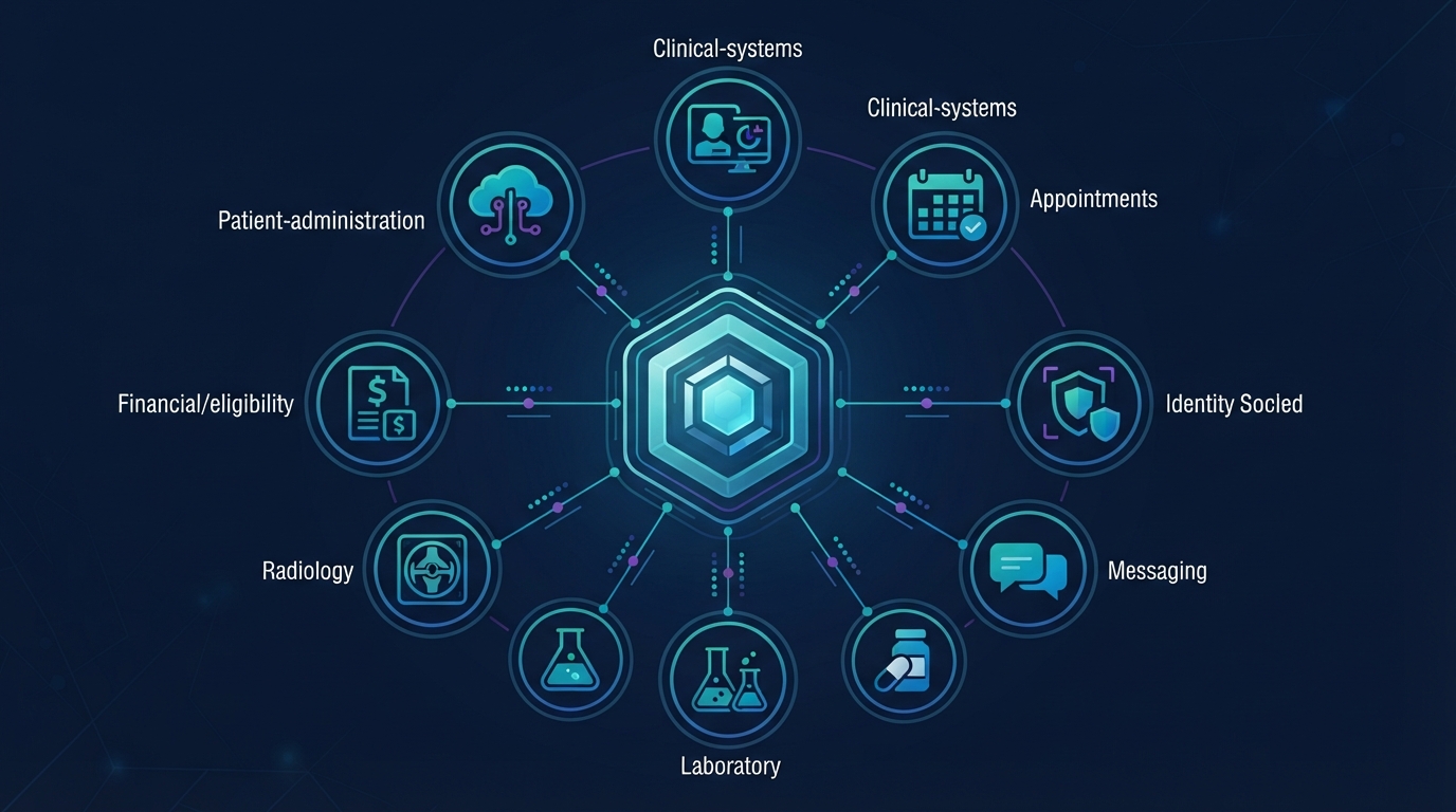 PULSE Connect integration ecosystem: PULSE at the centre connected by secure governed connectors to generic authorised systems including patient administration, clinical systems, appointments, identity, messaging, pharmacy, laboratories, radiology, financial and eligibility services, and cloud and data services, with monitoring signals and system-of-record boundaries