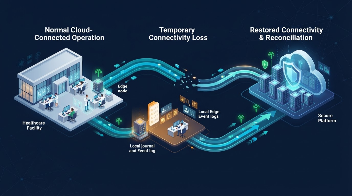 PULSE Edge resilience: a healthcare facility with local workstations and an Edge node connected to a central secure cloud, showing normal cloud-connected operation, temporary connectivity loss with essential local continuity, and restored connectivity with controlled reconciliation