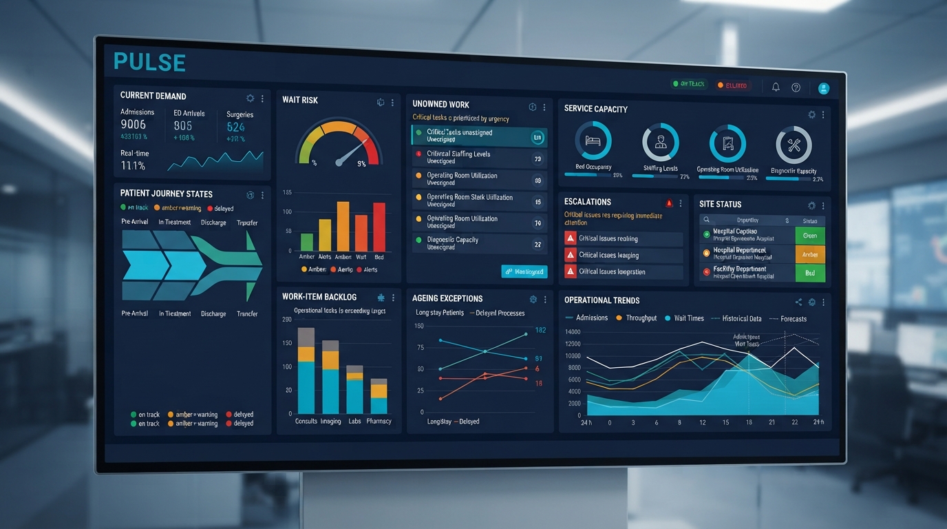 Representative PULSE Command operational concept showing demand, patient journey states, wait risk, work-item backlog, unowned work, ageing exceptions, service capacity and escalations