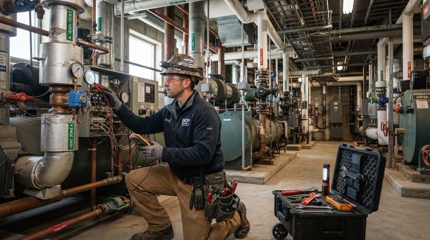 Maintenance technician inspecting building systems during property maintenance