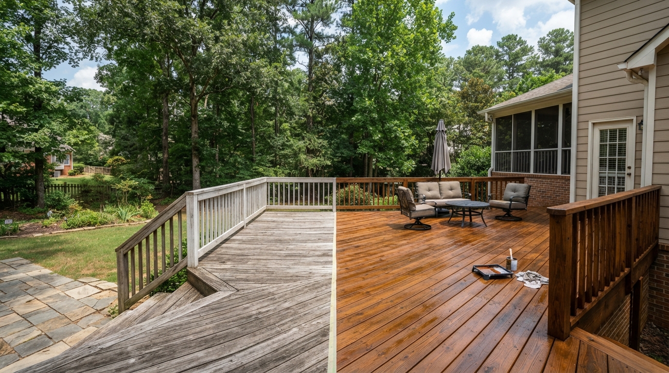 Deck power washing and staining project in progress in Cumming GA