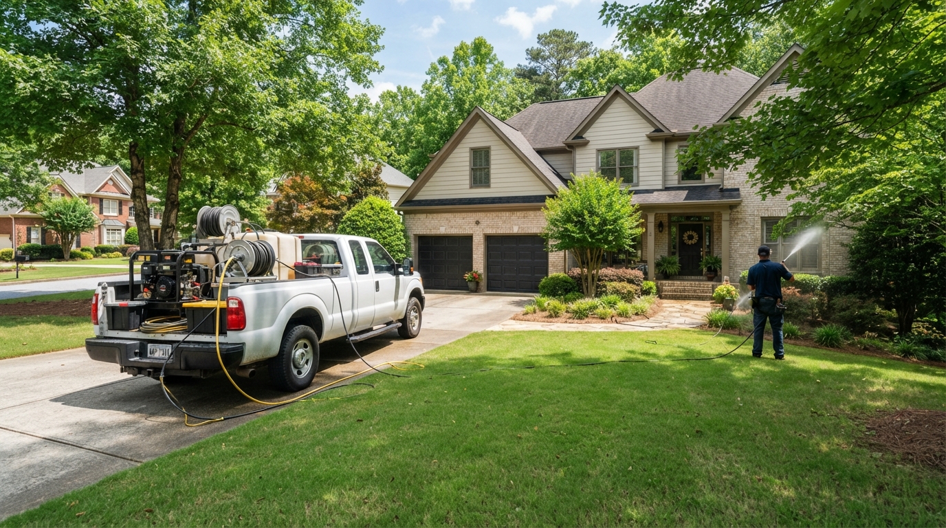 OCB Pressure Washing service truck at a Cumming GA home