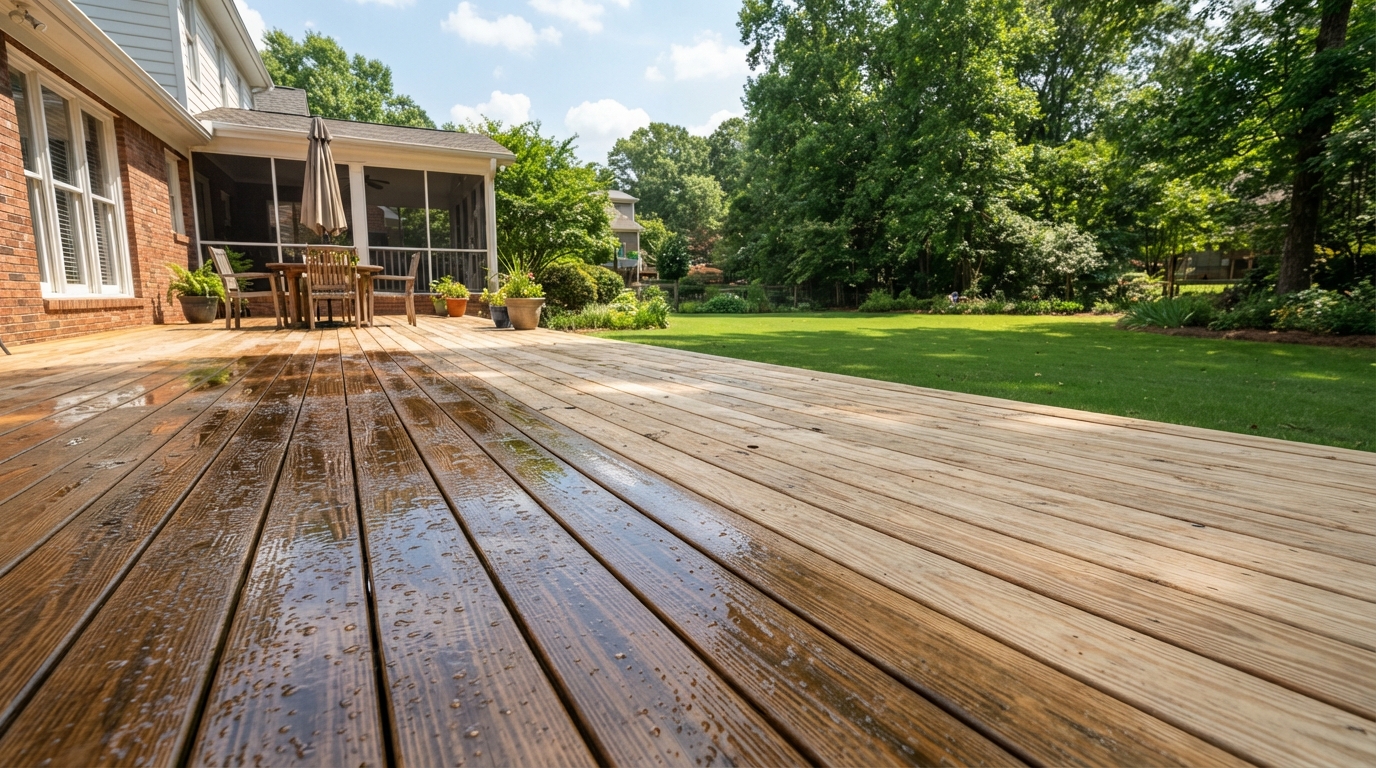 Freshly pressure-washed deck drying before staining in Cumming GA
