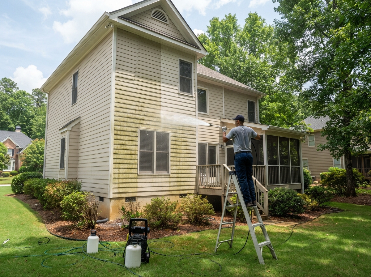 Soft washing house exterior in Cumming GA