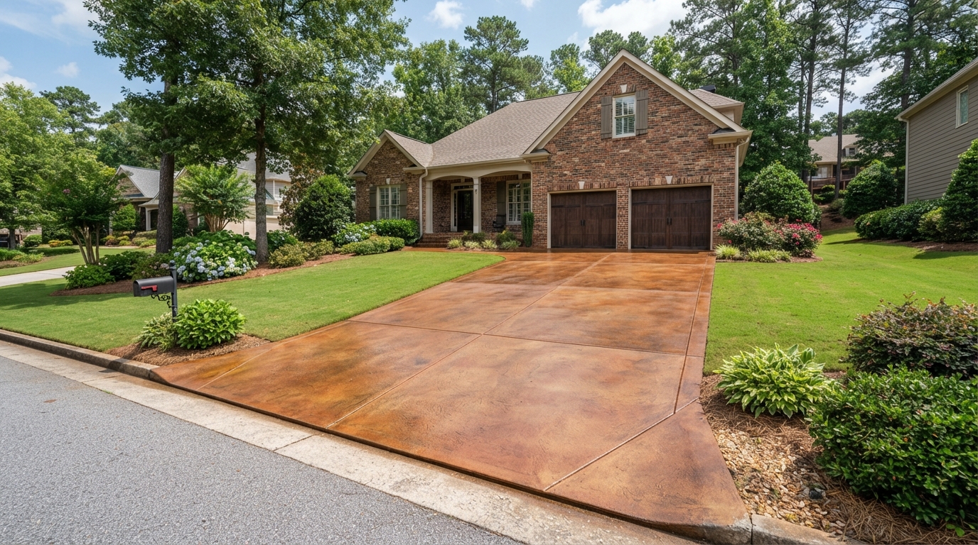 Freshly stained concrete driveway in Cumming GA