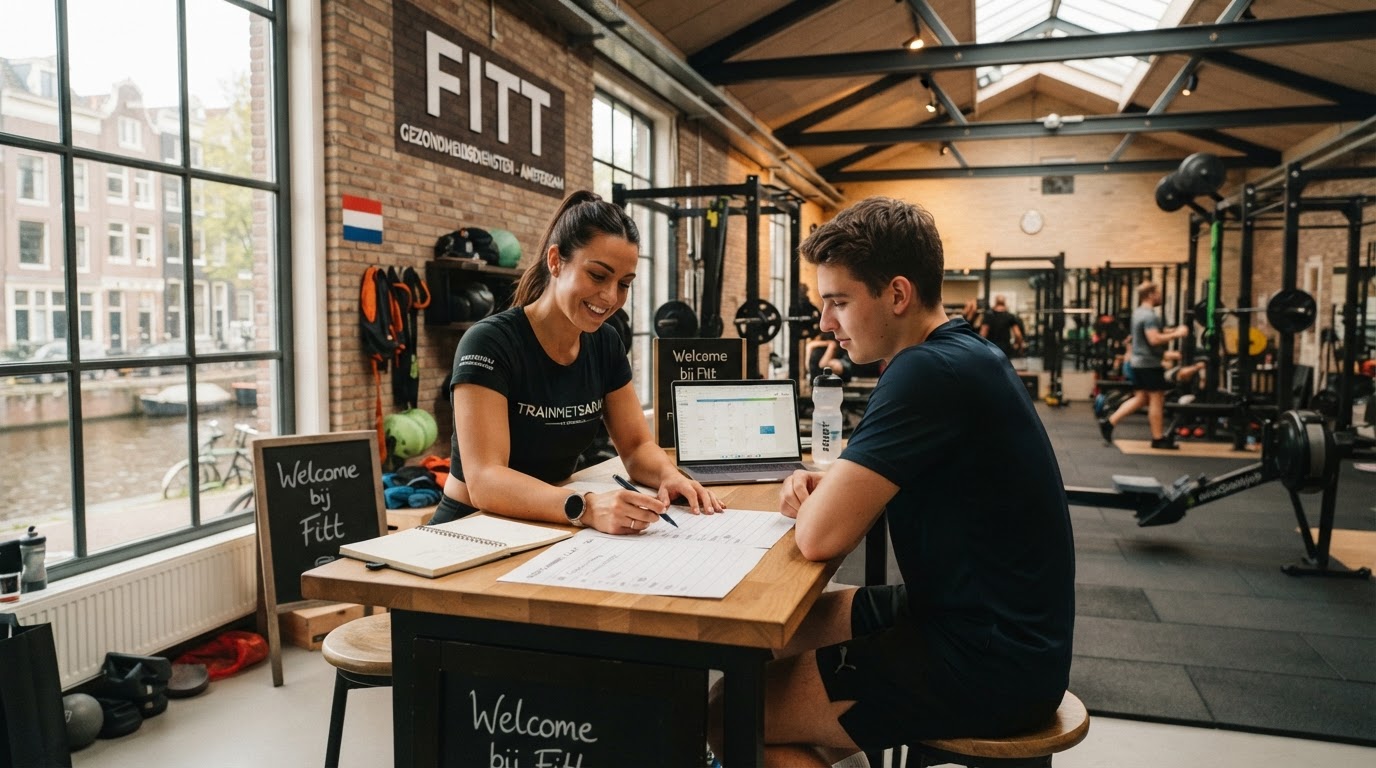 Personal trainer in gesprek met nieuwe klant in trainingsstudio