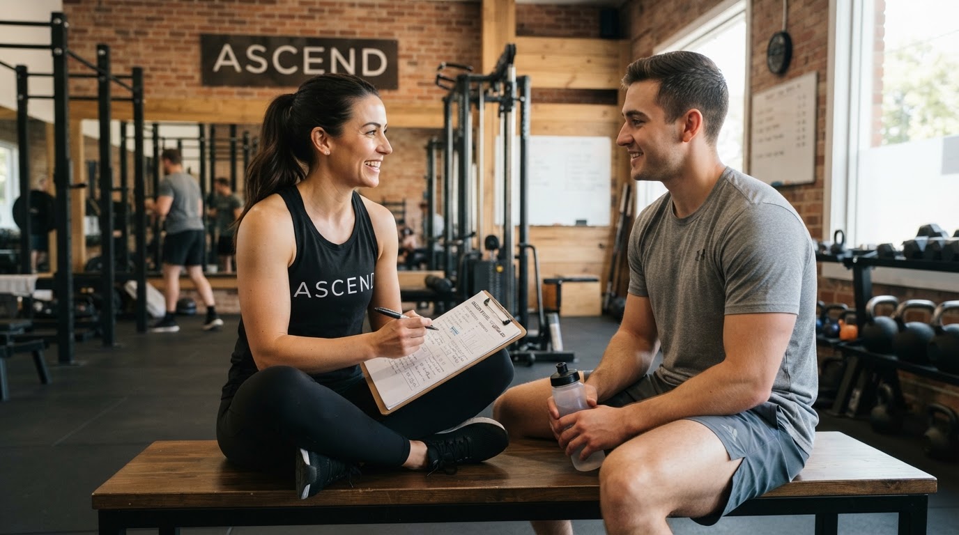 Trainer en klant in gesprek tijdens een persoonlijke voortgangscheck