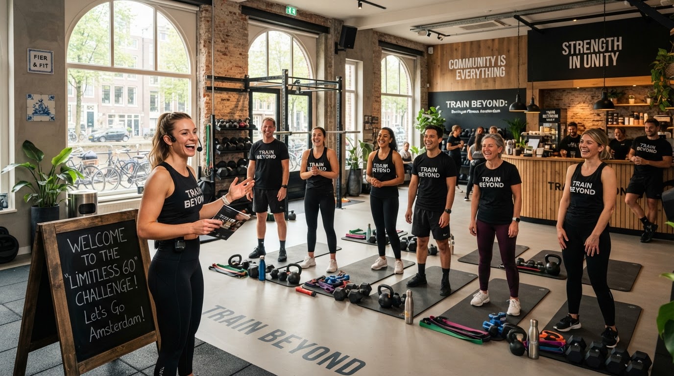 Groep enthousiaste deelnemers startend met nieuw fitnessprogramma